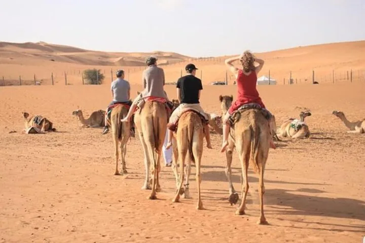 A group of tourists riding camels in a desert landscape during the day.